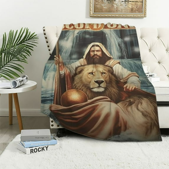 HENGT Christian Jesus Blanket Christ Jesus Lion Decor Throw Blanket Lion of Judah Blanket Gifts for Girls Boys Winter Bedding Super Warm Soft Plush Flannel Blanket for Kids Adults Men Women