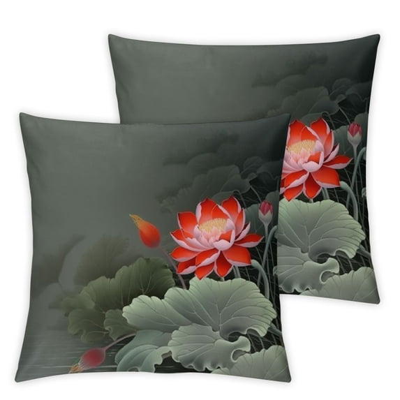 HENGT Dragonfly Throw Pillow Cushion Cover, Traditional Japanese Painting Lotus Blooms in Tones Design, Decorative Rectangle Accent Pillow Case,2pcs , Red Reseda Green
