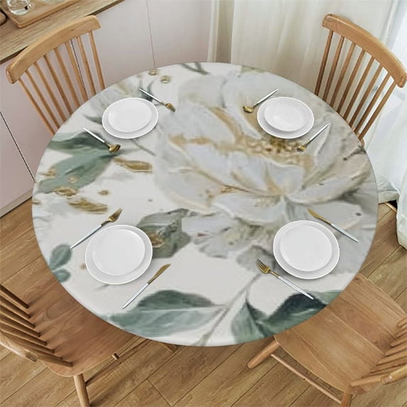 HENGT Eucalyptus Leaves Round Tablecloth,White Rose Flowers Circle Table Cover Stain Resistance Water Repellent Table Cloth for Home Kitchen Dining Party Patio Indoor Outdoor White