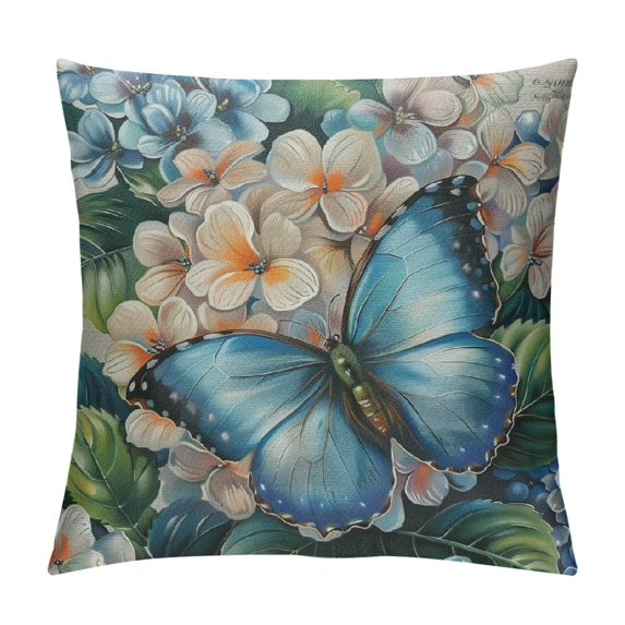 HENGT Farm Outdoor Pillow Covers,Blue Hydrangea Flower Butterfly Decorative Waterproof Throw Pillow Case Watercolor Floral Vintage Soft Cozy Cushion Pillowcases
