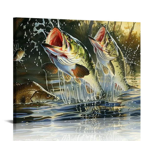 HENGT Fish Canvas Wall Art Sunset Largemouth Bass Fish Jumping out of the Water Picture Prints for Nature Fish Lovers Gift Bedroom Decor (" 20x16")