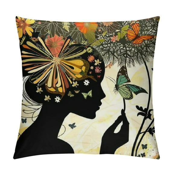 HENGT Girl Throw Pillow Covers African American Black Woman Hair Butterflies Flowers Spring Square Pillow Cases for Decorative Cushion Bed Couch Sofa