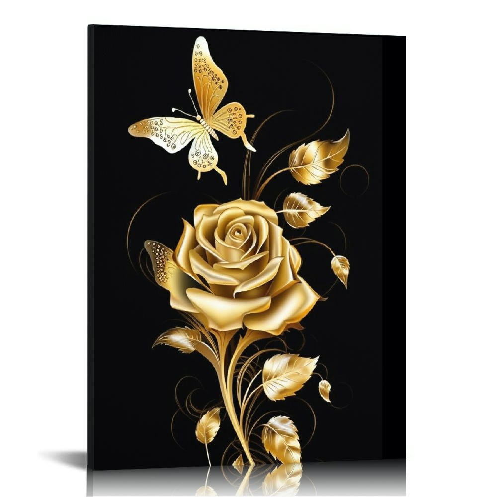 HENGT Gold Rose Wall Art, Black And Gold Rose Canvas Wall Art, Romantic ...