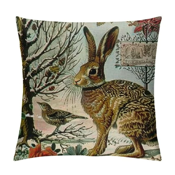 HENGT Hopyeer Rustic Vintage Animals Throw Pillow Covers Decorative Cute Rabbits Dragonflies Robin Birds Butterfly Classical Pairs Garden Flowers Pillow Cushion Cover
