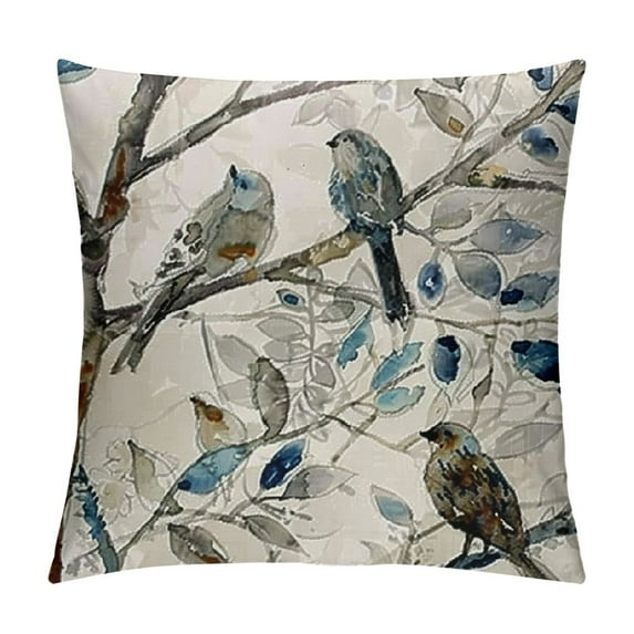 HENGT  Ink Painting Watercolor Blue Grey Lovely Birds Tree Leaves Decorative Throw Pillow Cover Case Home Living Room Bed Sofa Car Square