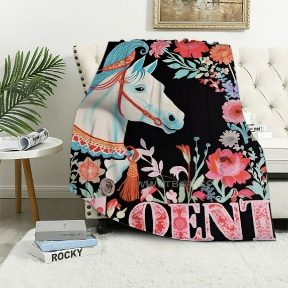 HENGT Just A Girl Who Loves Horses Blanket Horse Flower Throw Blanket for Girls Super Soft Warm Cozy Plush Bedding Blanket Horse Gifts for Women Kids Adults Couch Sofa