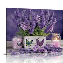 HENGT Lavender Canvas Wall Art Country Lavender Flower Butterfly Candle Wall Decor Purple Floral Farmhouse Pictures Painting Prints Artwork Decor for Bathroom Bedroom Living Room