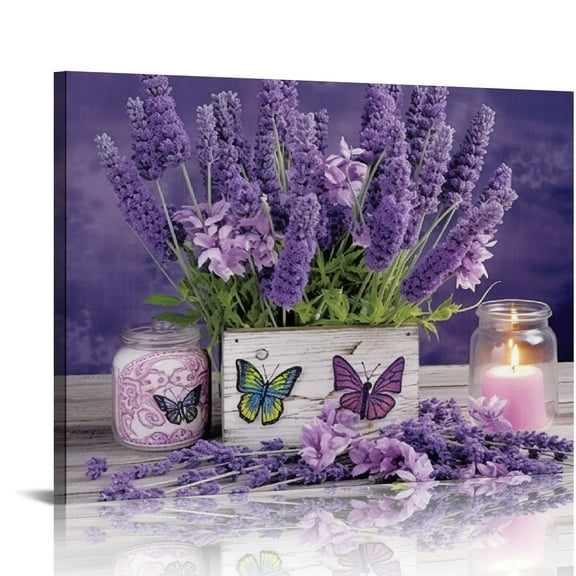 HENGT Lavender Canvas Wall Art Country Lavender Flower Butterfly Candle Wall Decor Purple Floral Farmhouse Pictures Painting Prints Artwork Decor for Bathroom Bedroom Living Room