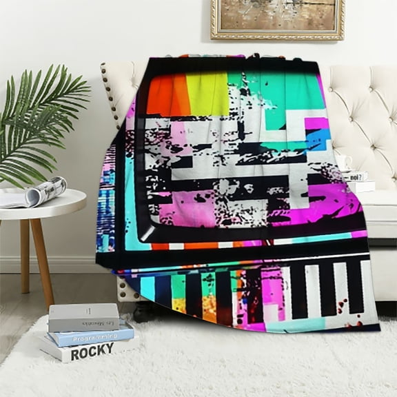 ARISTURING Mosaic Bed Blanket No Signal TV Pattern Throw Blanket for Child Boys Girls,Vaporwave Style Blanket Colorful Collage Art Plush Blanket Pixeleted Glitched Screen Couch Sofa Decor