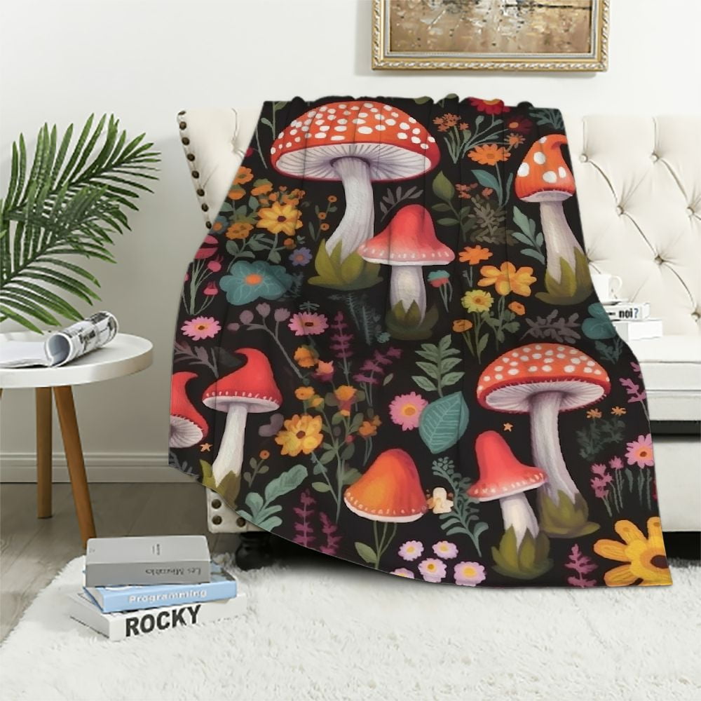 Pink Mushroom Three Hedgehogs Pattern Print Hooded Blanket