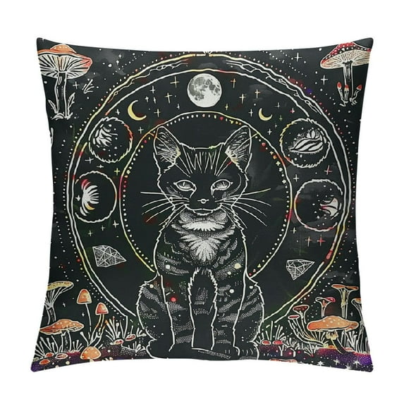 HENGT Mysterious Cat Double Sides Print Pillow Cover,Boho Exotic Tribal Pillowcase Soft Square Cushion Case,Bohemian Moon Starry Galaxy Throw Pillow Covers for Living Room Decor