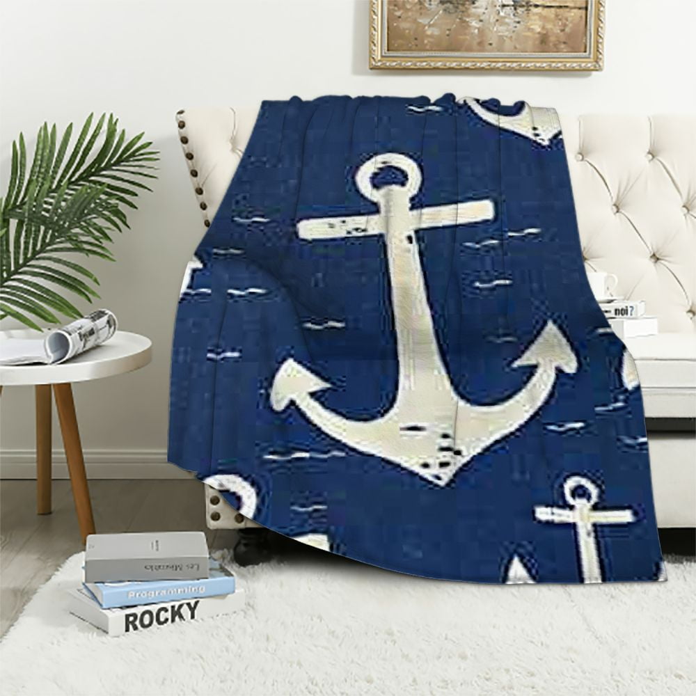 HENGT Nautical Throw Blanket Navy Blue Anchor Blanket for Women Kids