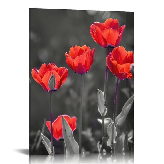 HENGT Office Wall Decor, Red tulips Canvas Painting, Black and White Wall Art, Tulips Picture Poster Framed Artwork Ready to Hang 16x20 in