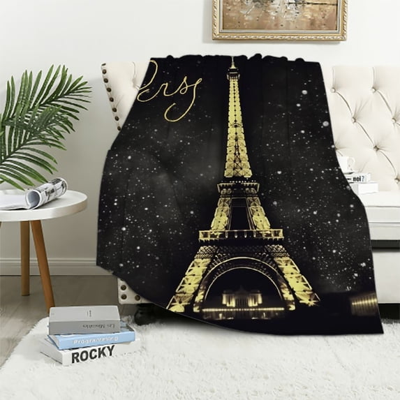 HENGT Paris Tower Flannel Blanket Golden Eiffel Tower Winter Blanket Decorative Romantic Paris Decor Plush Throw Blanket, Valentines All Season,Bed Blanket Twin