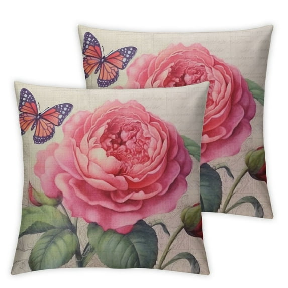 HENGT Pink Peony Throw Pillow Cover Vintage Floral Pillowcase Set of 2pcs Summer Flower Butterfly Decorative Farmhouse Chic Pillow Covers for Home Garden Outdoor Bedroom Decor