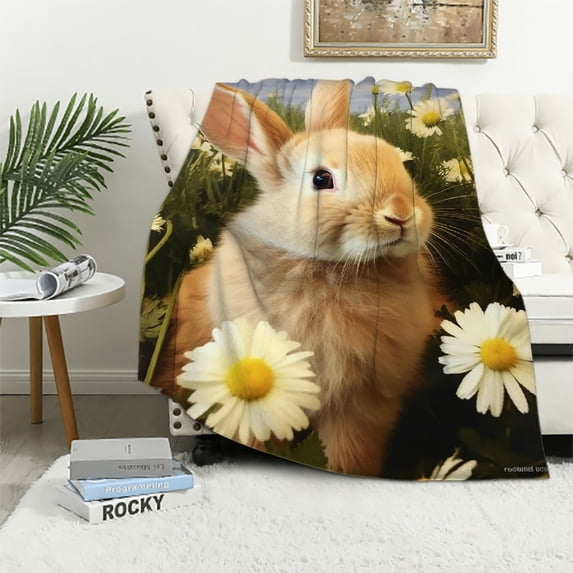 HENGT Rabbit Blanket Daisy Flowers Beige Bunny Blanket Soft Fuzzy Plush Throw Blankets for Couch Bed
