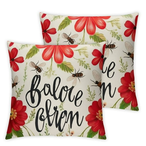 HENGT Red Geranium Flower Decorative Throw Pillow Covers2pcs Sweet Home Floral Bloom Spring Summer Cushion Case Decor, Live Laugh Love Plant Botanical Decoration for Sofa Couch