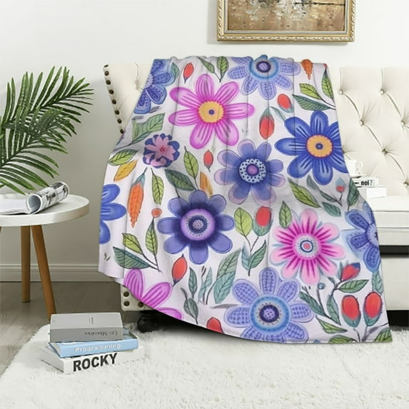 HENGT Retro 70s Flowers Plush Blanket Sofa Couch,Watercolor Hippie Groovy Floral Flannel Blanket for Boys Girls Bedroom,Vintage Purple Bohemian Cozy Warm Throw Blanket