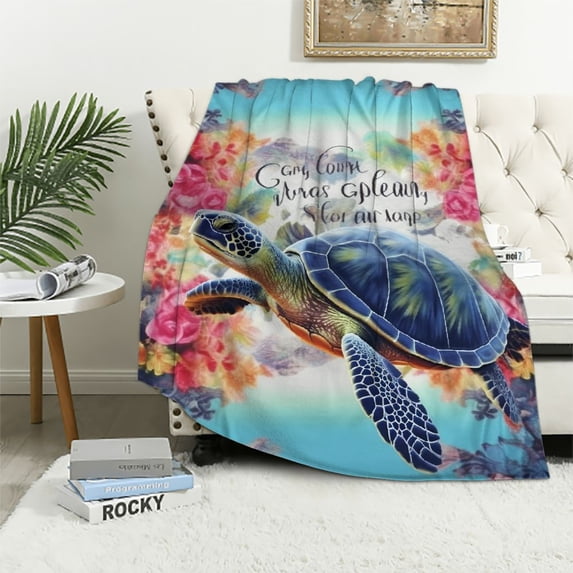 HENGT Sea Turtle Blanket Soft Cozy Christian Turtle Floral Throw Blankets Sea Turtle Decor Plush Bedding Blanket Turtle Gifts for Women Girls Kids Adults Bed