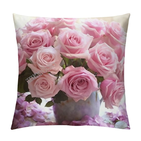 HENGT Shabby Chic Throw Pillow Covers, Floral Decorative Cushion Flower Pillow Cases , Pink Rose Pillow Cases for for Summer Spring Wedding