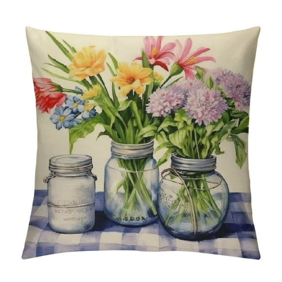 HENGT Spring Pillow Covers, Gray Buffalo Plaids Lavender Tulip Floral Decorative Throw Pillow Covers for Flower Purple Farmhouse Cushion Case for Couch Sofa Spring Decor
