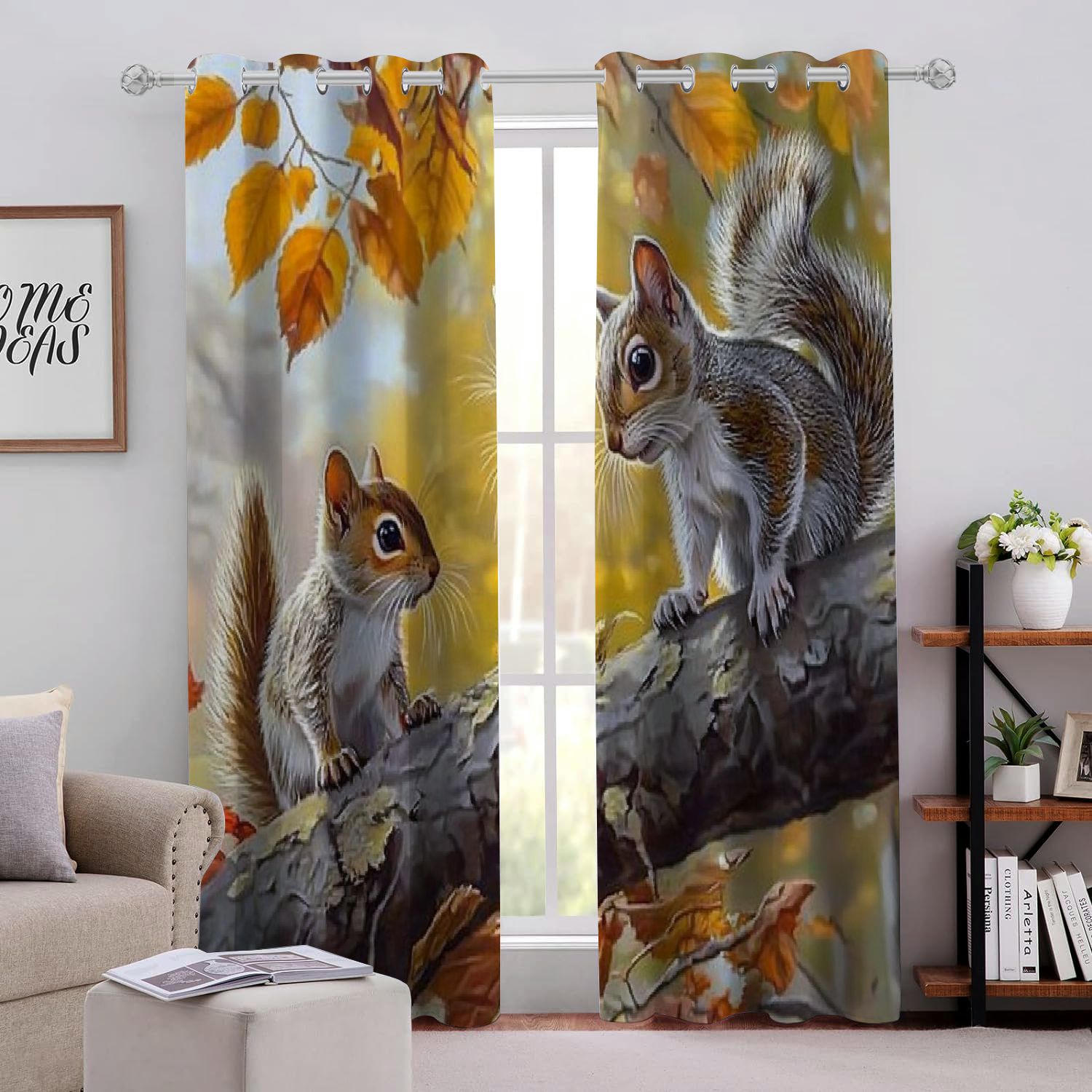 HENGT Squirrels, Cat Perforated Blackout Curtains 2Pack Light Blocking