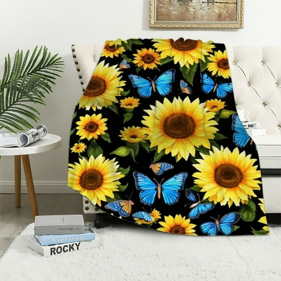Jiayy Sunflower Blanket Beautiful Butterfly Throw Blankets Flower Soft Flannel Lightweight Plush Decor Stuff Bedding for Kids Girls Women Adults Gifts