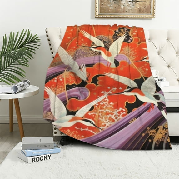 HENGT Throw Blanket Japanese Style Red Crowned Cranes,Soft Plush Flannel Blankets All Season Decorative for Couch Sofa Bed Throws