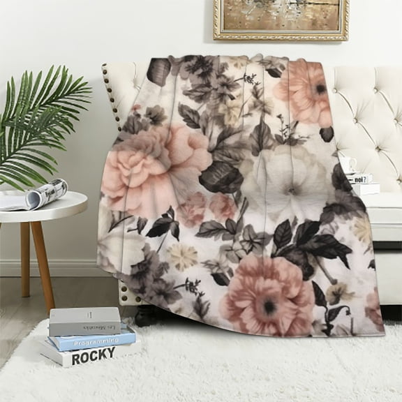 HENGT VCNY Decorative Throw Blanket: Large Floral Watercolor Design Accent for Couch or Bed, Colors: Peach, Blush, Pink, Taupe, Grey, Beige