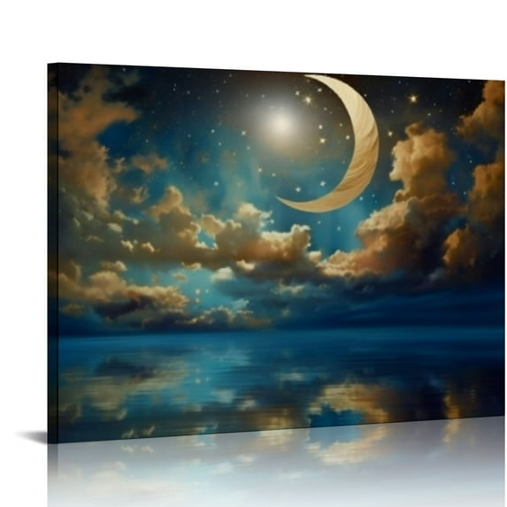 HENGT Wall Art Canvas Painting Sea Clouds Moon and Stars Ocean Blue Seascape Picture Poster Print for Living Room Bedroom Office Artwork