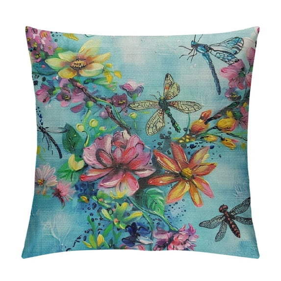 HENGT  Watercolor Flowers Dragonfly Farmhouse Pillow Cover Decorative Square Throw Pillow Cover for Sofa Couch Decoration