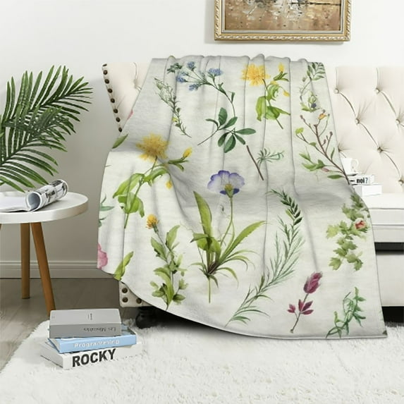 HENGT Wildflowers Throw Blanket Botanical Floral Printed Blanket Super Soft Flannel Throw Blanket Lightweight Fluffy Plush Fuzzy Bed Blanket for Bedding Sofa and Travel