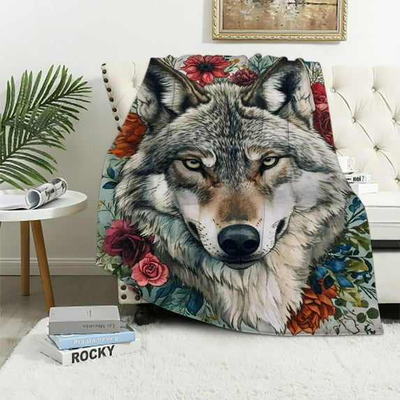 HENGT Wolf with Flowers Blanket 350gsm Super Soft Plush Wolf Blanket for Bed Sofa Throw Blanket for Women Men and Kids