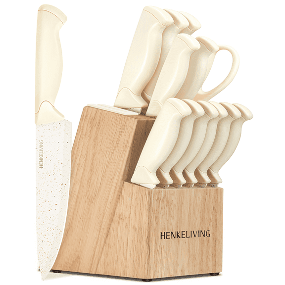 HENKELIVING Knife Set, 13PC German Stainless Steel Knives with Ergonomic Handles, Built-in Sharpener Block, Dishwasher Safe, White