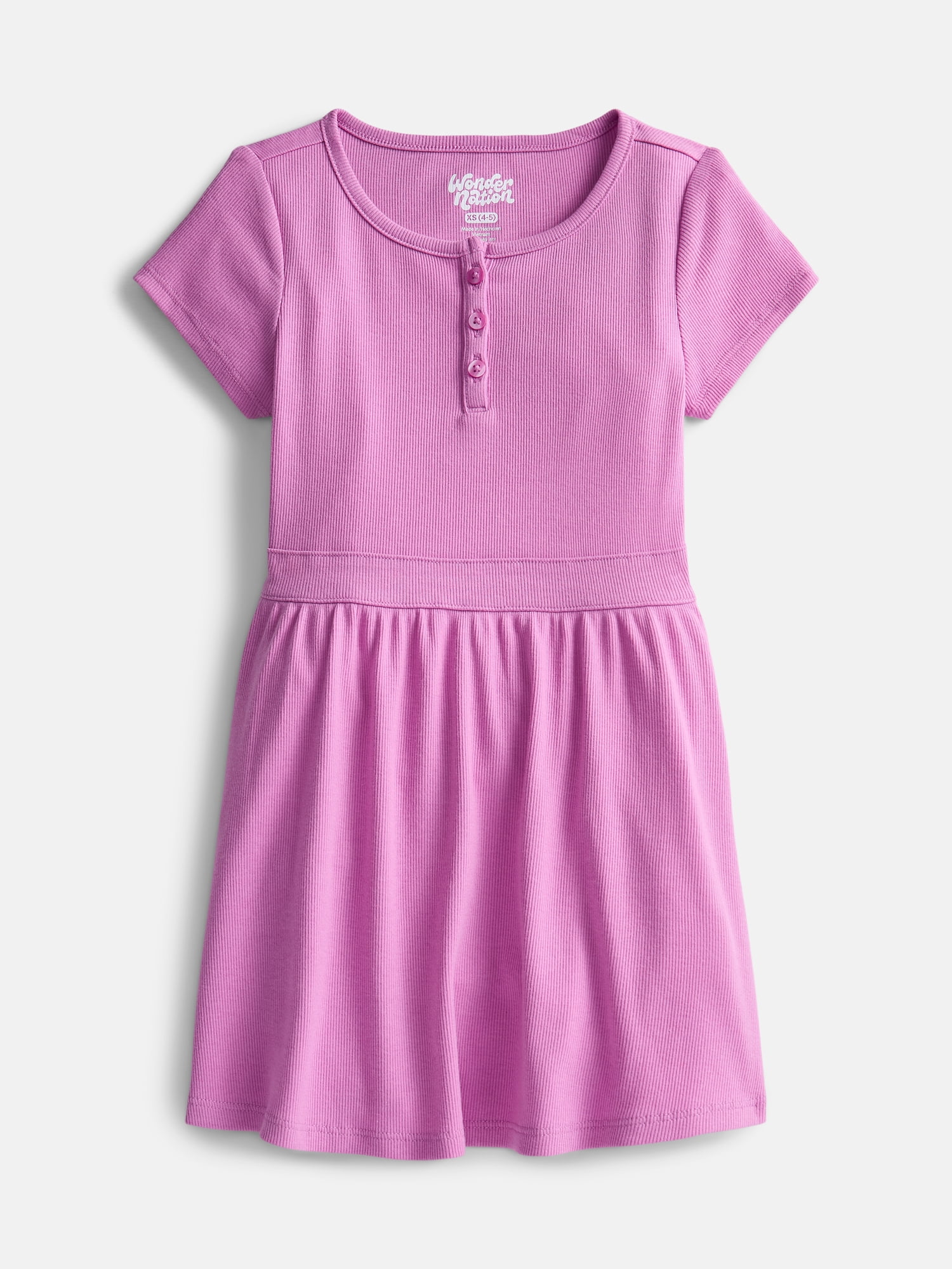 Wonder Nation Girls' Ribbed Henley Dress with Short Sleeves, Sizes 4-18