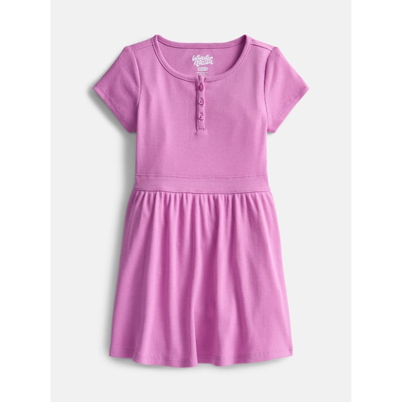 Wonder Nation Girls' Ribbed Henley Dress with Short Sleeves, Sizes 4-18