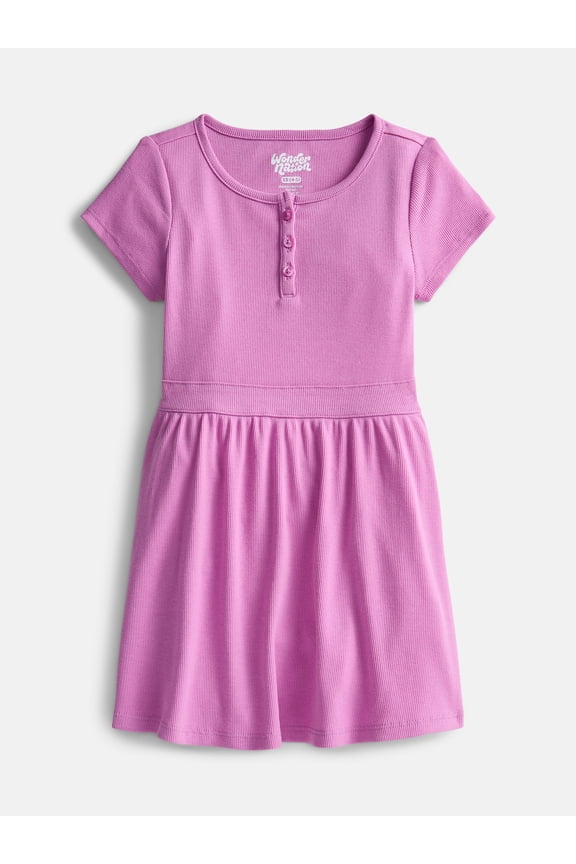 Girls' Ribbed Henley Dress with Short Sleeves, Sizes 4-18