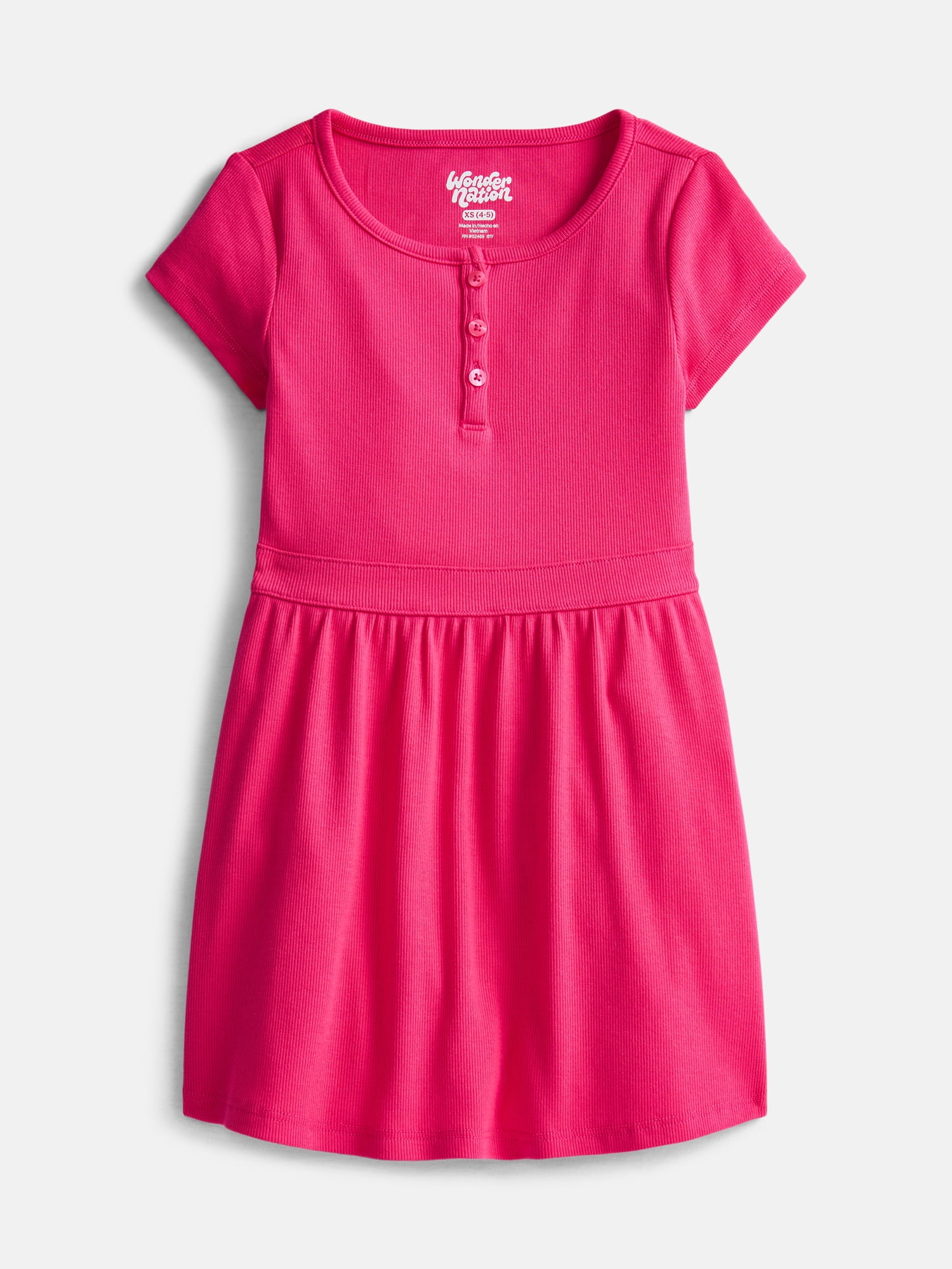 Wonder Nation Girls' Ribbed Henley Dress with Short Sleeves, Sizes 4-18