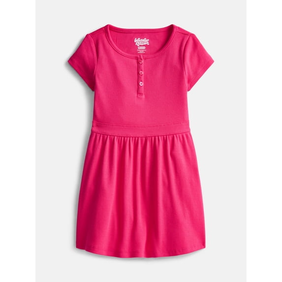 Wonder Nation Girls' Ribbed Henley Dress with Short Sleeves, Sizes 4-18