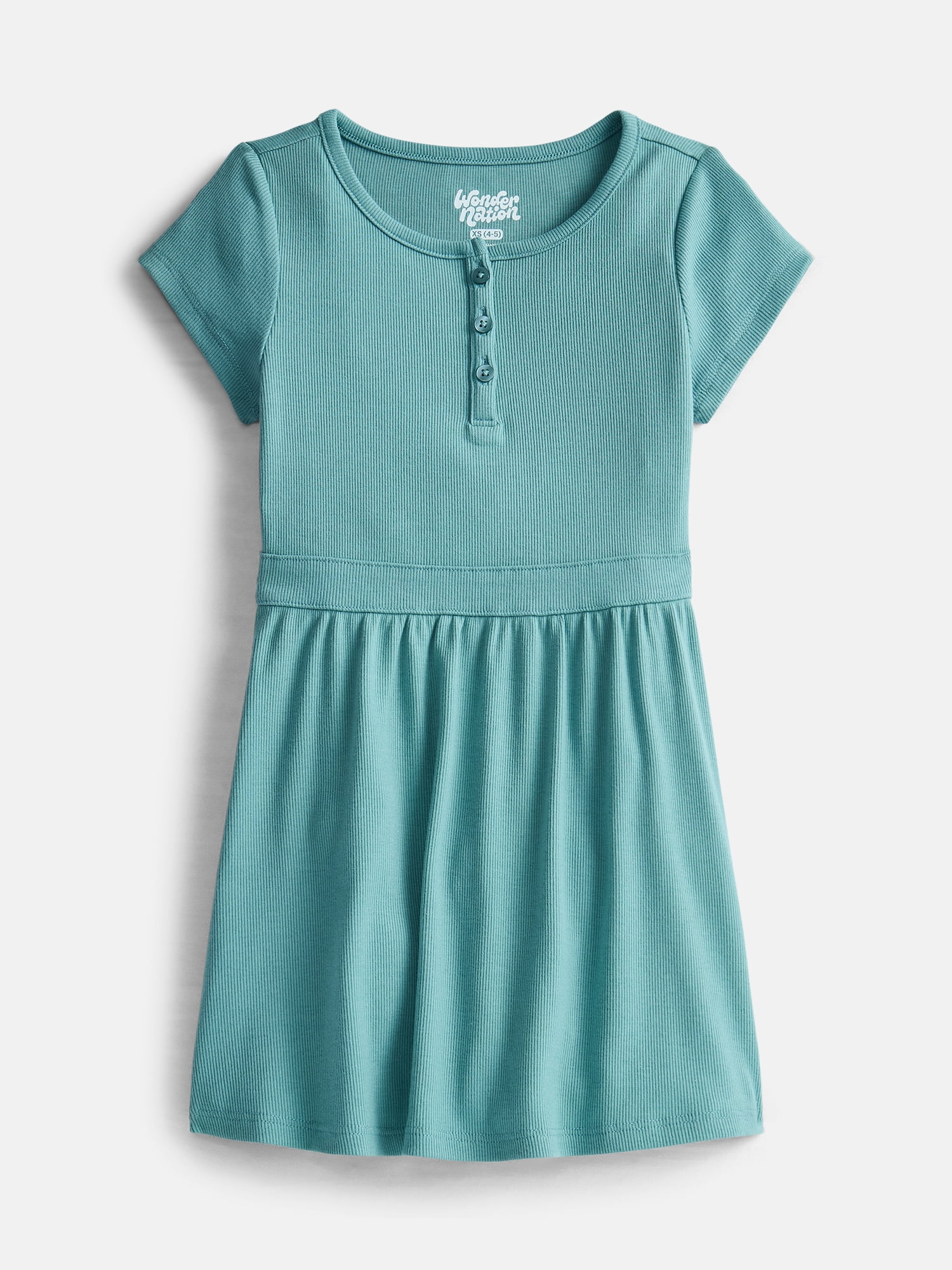 Wonder Nation Girls' Ribbed Henley Dress with Short Sleeves, Sizes 4-18