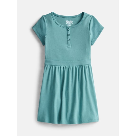 Wonder Nation Girls' Ribbed Henley Dress with Short Sleeves, Sizes 4-18