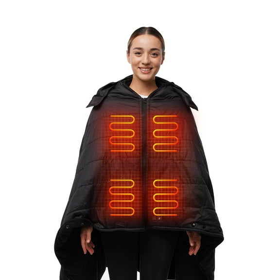 HENNCHEE Heated Blanket Battery Operated with Removable Hooded 70" x 42" Waterproof Heated Poncho for Home, Outdoors, Camping, Black