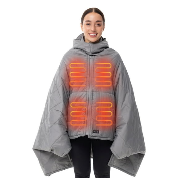 HENNCHEE Heated Blanket Battery Operated with Removable Hooded 70" x 42" Waterproof Heated Poncho for Home, Outdoors, Camping, Grey