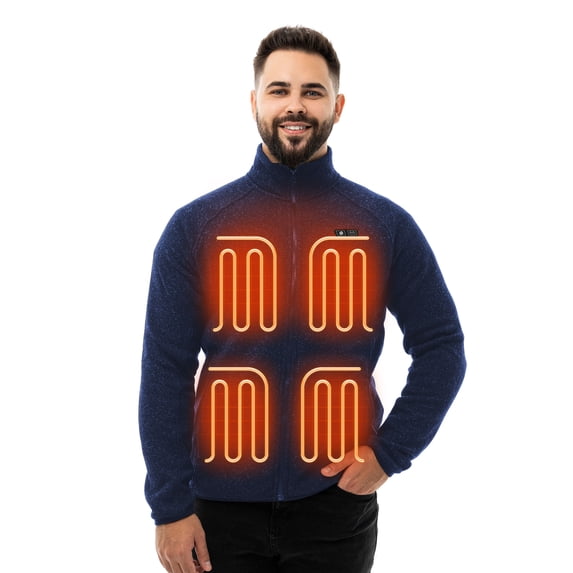 HENNCHEE Men's Heated Fleece Jacket with 12V 16,000mAh Battery, 5 Heating Zones & Dual Controls, Zip-Up Heated Sweatshirt, Navy/Small