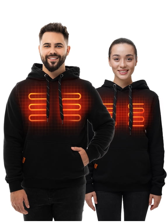 Unisex Heated Hoodie with 5V 12,000mAh Power Bank, 3 Heating Zones, 3 Heat Settings, Heated Pullover Sweatshirt, Black/Medium