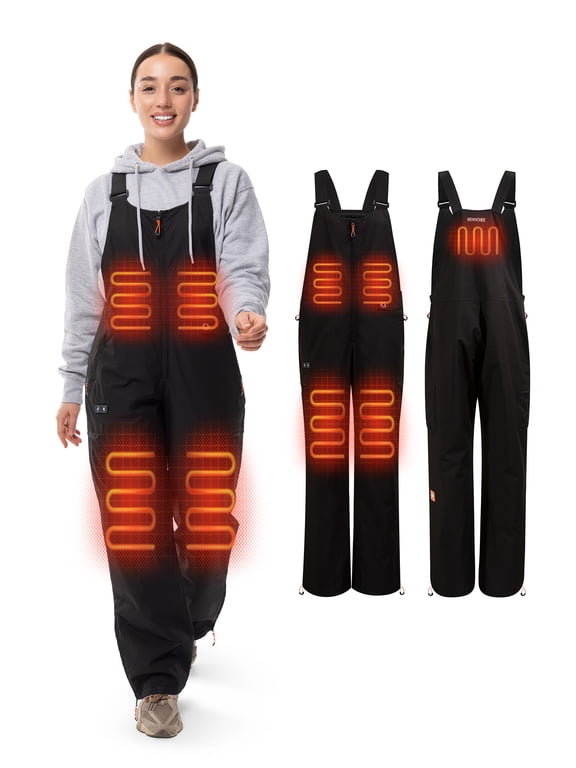 Women's Heated Insulated Bib Overalls with 12V Battery, 5 Heating Zones, Dual Controls, Snow Ski Bib Pants(Black/L)