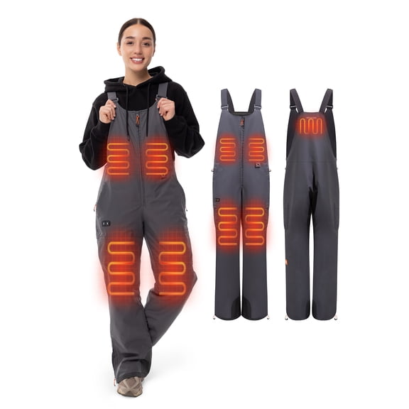 HENNCHEE Women's Heated Insulated Bib Overalls with 12V Battery, 5 Heating Zones, Dual Controls, Snow Ski Bib Pants(Grey/XXL)