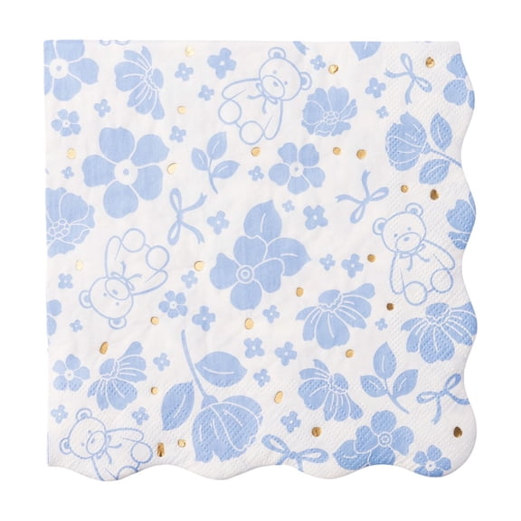 Bonjour Fte Blue Floral Teddy Bear Large Paper Napkins, Disposable Party Supplies, 20 Count, Baby Shower