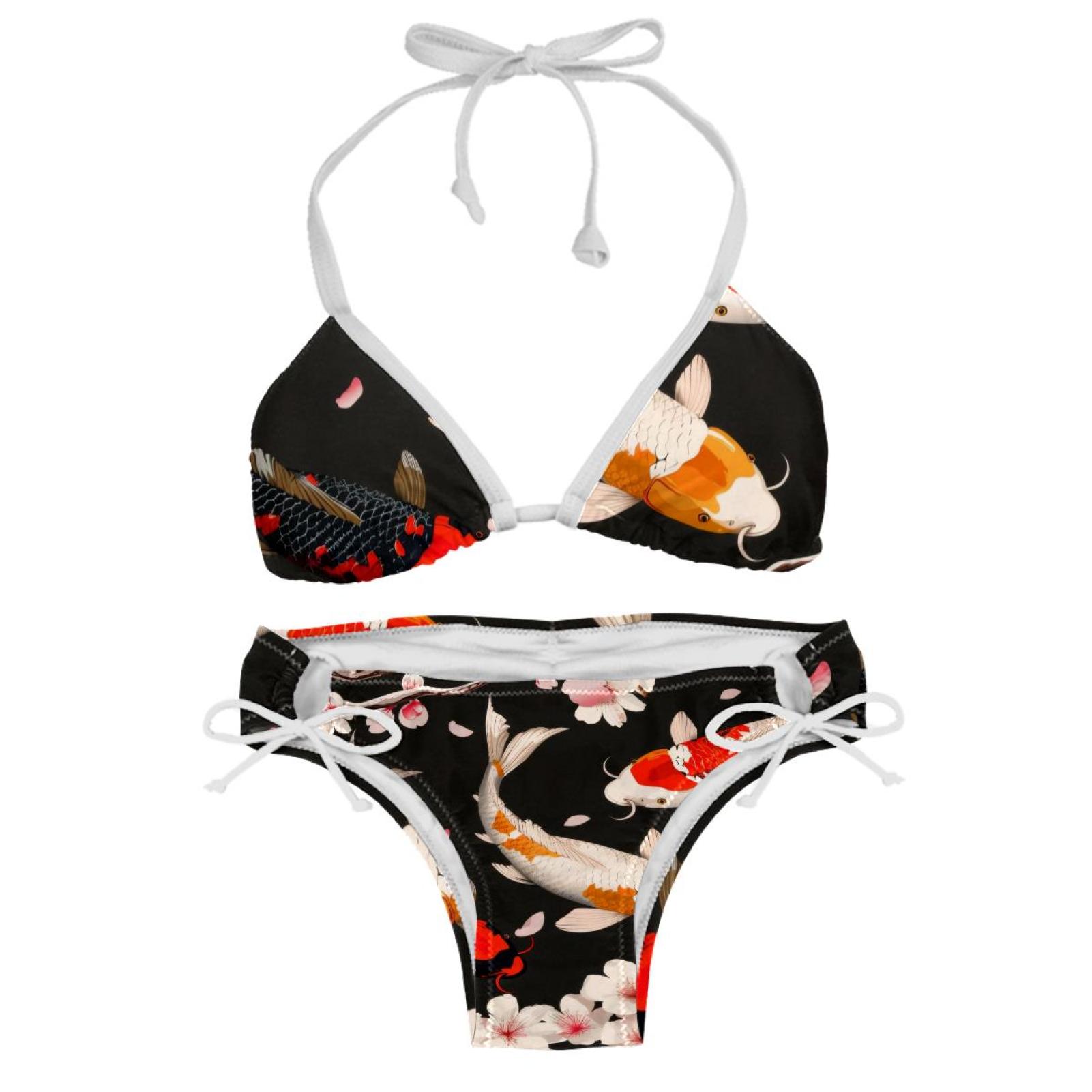 HEOEH Women's Halter Tie Side Triangle Bikini Set, Koi Fish Cherry Flower Two Piece Swimsuit