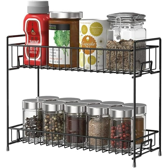 HEOMU 2-Tier Spice Racks Countertop Spice Rack Organizer Countertop Storage Kitchen Shelf Holder for Jars Bottle -Black
